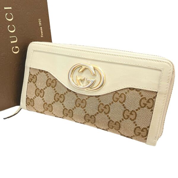 グッチ GUCCI 長財布 ラウンドファスナー ラウンドジップ 革 レザー GGキャンバス インターロッキング ロゴ ゴールド金具 ホワイト 大容量