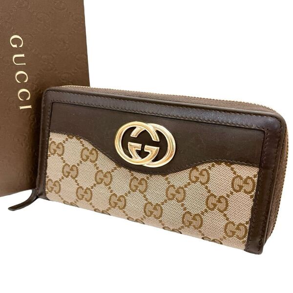 グッチ GUCCI 長財布 ラウンドファスナー ラウンドジップ 革 レザー GGキャンバス インターロッキング ロゴ ゴールド金具 ブラウン 大容量