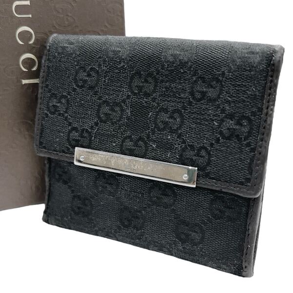 グッチ GUCCI 折り財布 二つ折り財布 GGキャンバス Wホック シルバー金具 ロゴプレート 総柄 レザー 本革 ブラック 黒 メンズ レディース