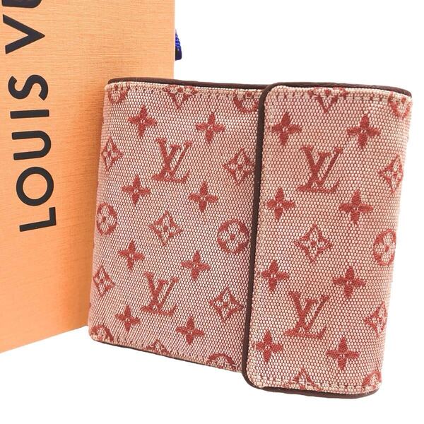 ルイヴィトン LOUIS VUITTON モノグラムミニ ポルトビエカルト クレディ イディール デニム 三つ折り財布 レザー 革 レッド 赤 チェリー