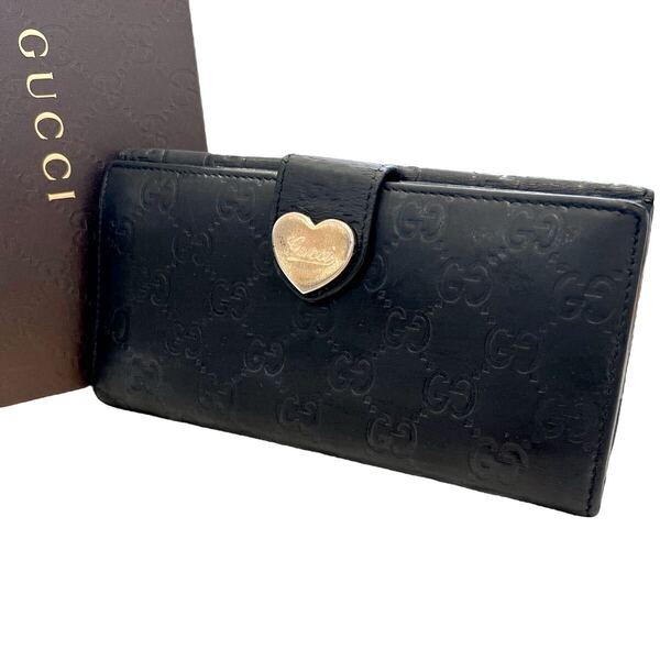 グッチ GUCCI シマ 長財布 レザー 革 ハート GG柄 ゴールド金具 ロゴ金具 大容量 ブラック 黒 カード入れ レディース メンズ ウィメンズ