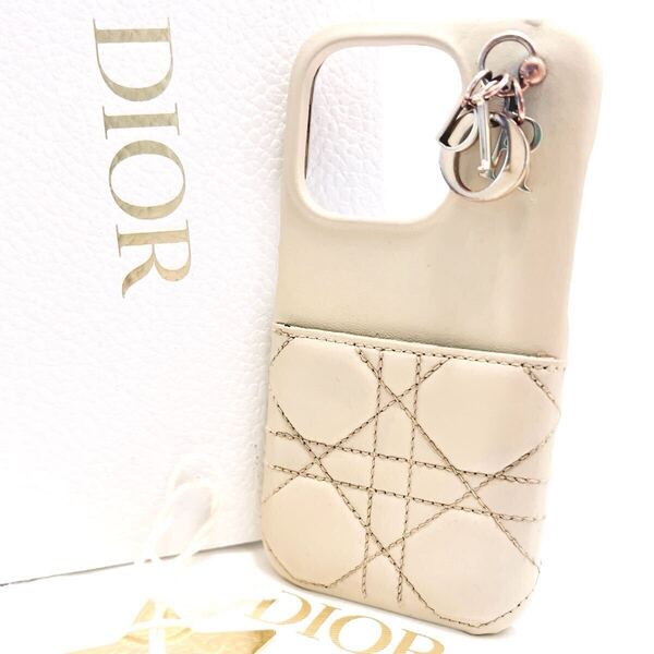 クリスチャンディオール Christian Dior iPhone14Pro スマホケース レディディオール レザー 本革 カナージュ ゴールド金具 白色 ホワイト