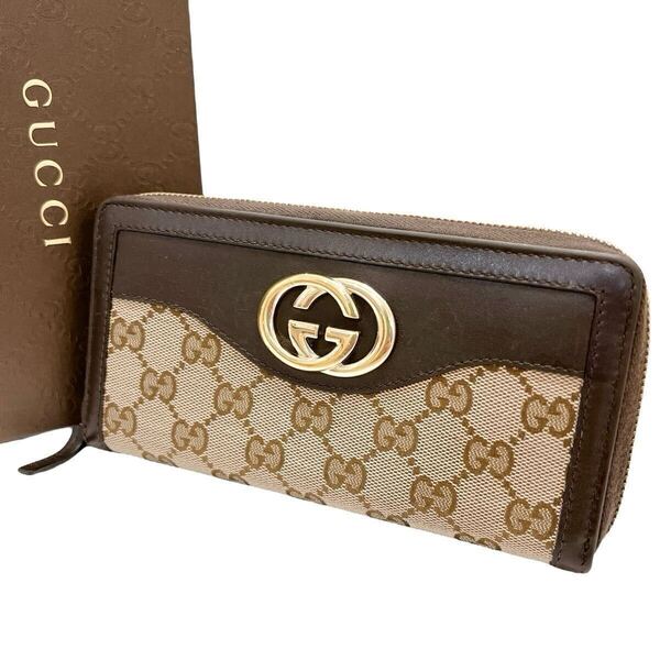 グッチ GUCCI 長財布 ラウンドファスナー ラウンドジップ 革 レザー GGキャンバス インターロッキング ロゴ ゴールド金具 ブラウン 大容量