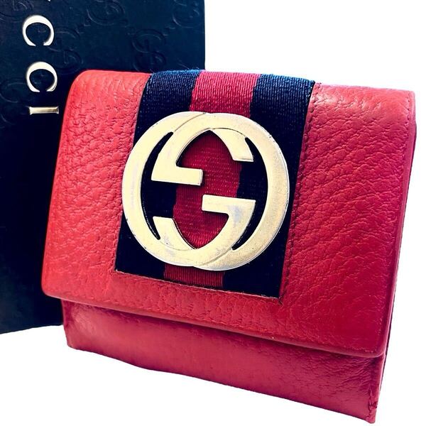 グッチ GUCCI 二つ折り 折り財布 シェリーライン インターロッキング GG 革 レザー ロゴ金具 ゴールド金具 赤 レッド レディース メンズ