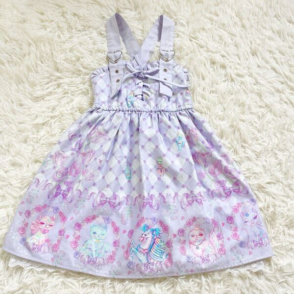 エコネコ ジャンパースカート ワンピース 110サイズ 紫 ネコ リボン レース 子供服 キッズ