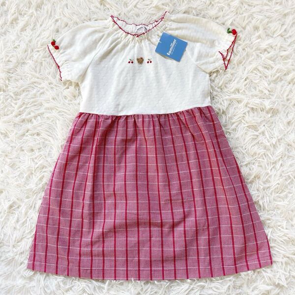 タグ付き 現行 ファミリア ワンピース 110 くま刺繍 さくらんぼ チェック ドッキング 半袖 夏服 立体
