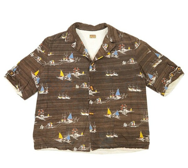 50's McGREGOR ビーチシャツ ブラウン (XL) USA製ヨット柄 開襟 コットン 古着