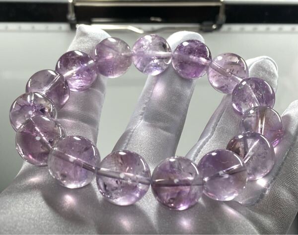 【ハイクラス 濃い紫】ナミビア ブランドバーグ産 エレスチャル スモーキー アメジスト ブレスレット 約15.4mm-15.8mm 腕周り18cm