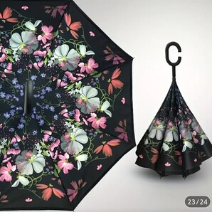 【新品・未使用】逆さ傘 逆さまに閉じる 長傘 ビッグサイズ 8本骨 黒/フラワー