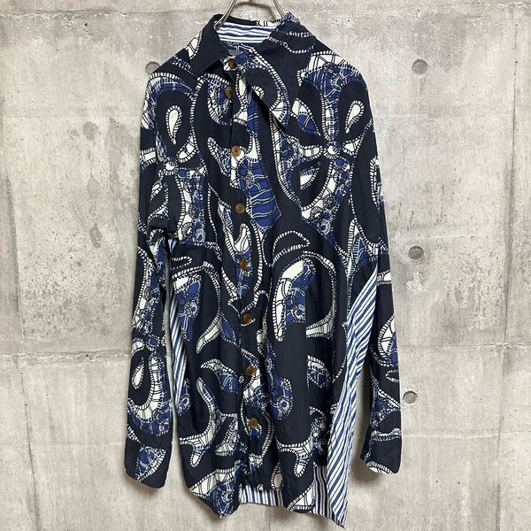 Vivienne Westwood MAN 変形 シャツ ストライプ ペイズリー 青 ヴィヴィアンウエストウッド 長袖 コットン ブルー 総柄 メンズ ネイビー