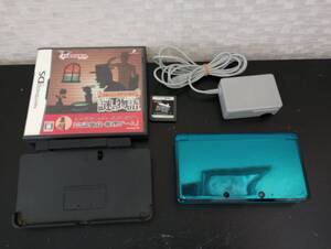 ニンテンドー3DS 本体 アクアブルー CTR-001 任天堂 動作確認済 関連機器 ソフト 2本セット スローンとマルクの謎の物語 逆転裁判 蘇る逆転