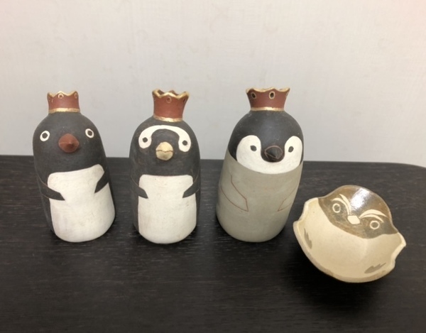 つぐみ製陶所 一輪挿し ペンギン オブジェと豆皿
