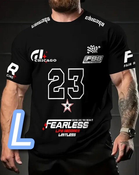 【プレミアムT】黒★Lサイズ《Fearless23》レーシングT◎ゆったりサイズ★フロント・バックプリント