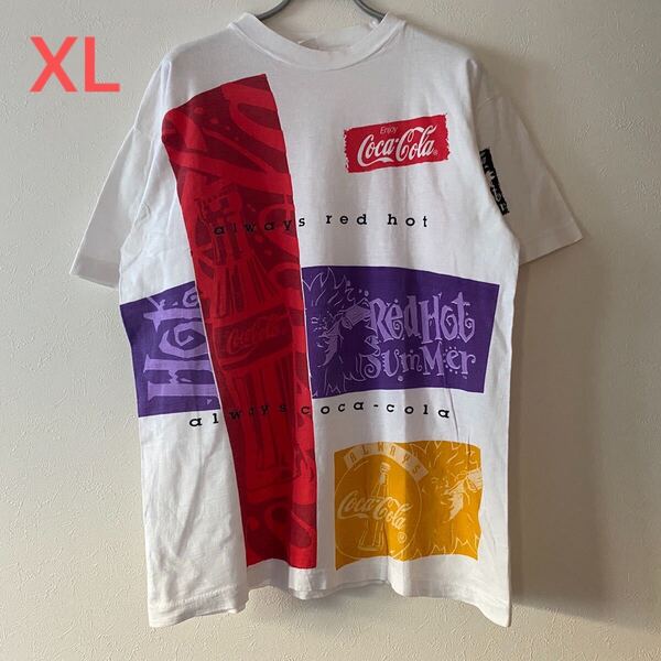 古着 90s Coca Cola Red Hot Summer AOP Tee XL White コカコーラ レッドホット サマー 企業 Tシャツ Band Rap バンドT ラップT Movie