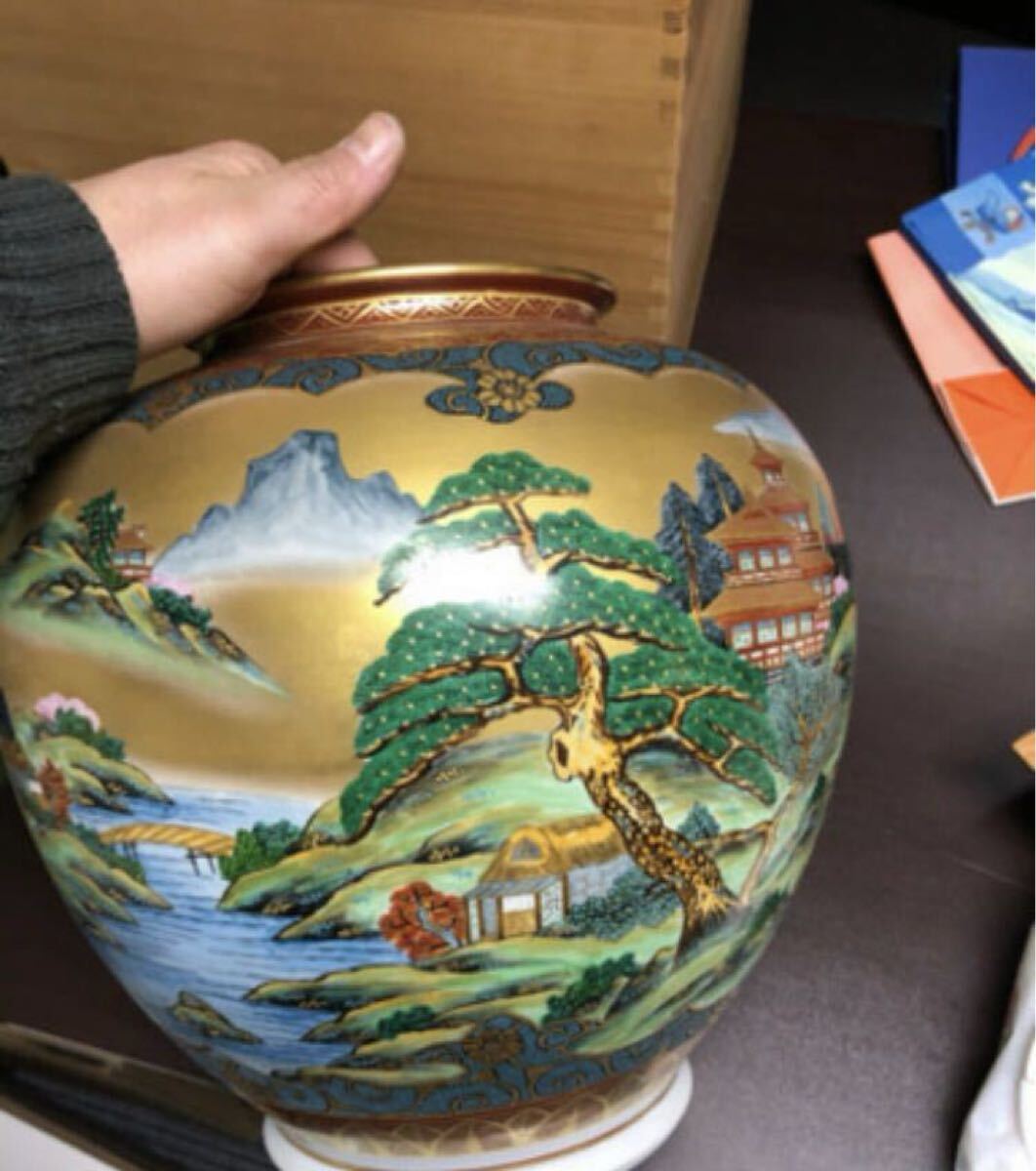 九谷 柏翠造 御花瓶 壺 色絵 金彩 共箱 九谷焼 青粒 花 細密描画