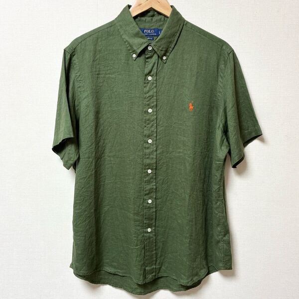 極美品 POLO RALPH LAUREN ポロラルフローレン 半袖リネンシャツ カーキ オリーブ グリーン BD ボタンダウン ポニー刺繍