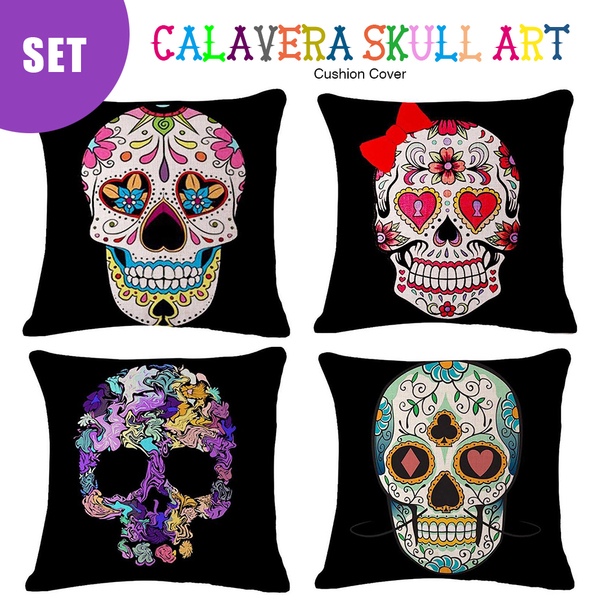 ★4枚セット特価★ カラベラ スカル アート クッション カバー 45×45cm.タイプD メキシコ ドクロ ガイコツ 死者の日 ハロウィン