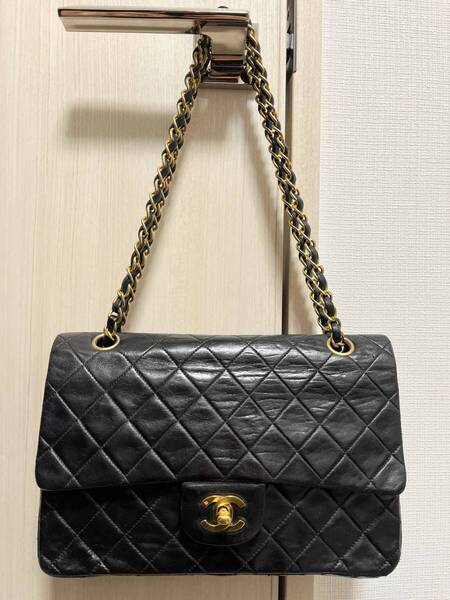 ■□ シャネル CHANEL 高級 マトラッセ ダブルフラップ ダブルチェーン ヴィンテージ ショルダー バッグ ブラック ゴールド 確実正規品