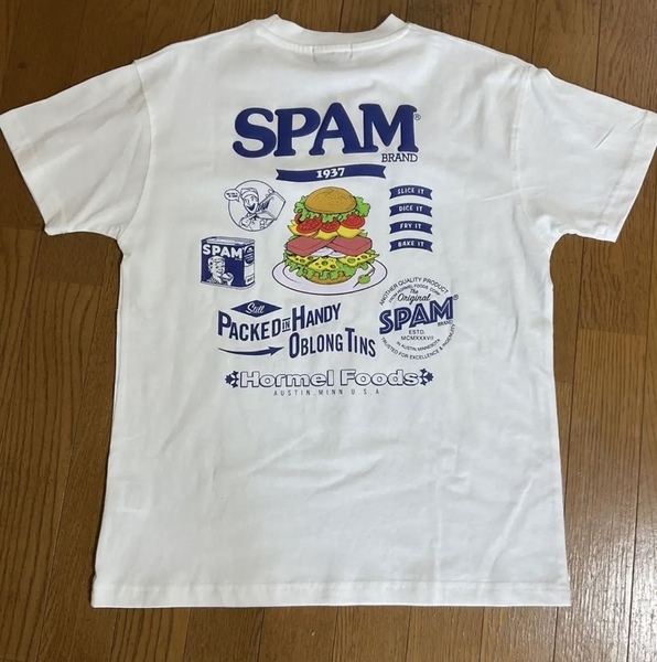 企業コラボ 沖縄 SPAM スパム Tシャツ カットソー ブラック 白 150 ロゴ クルーネック 半袖シャツ スパムバーガー レディース キッズ