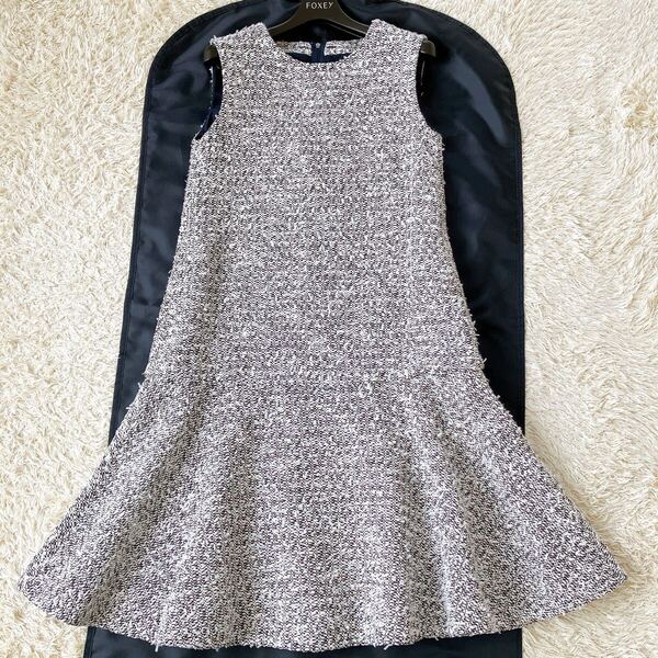 良品!フォクシーFOXEY ブティック 40546 ツイードワンピース 2020年商品 38 Dress グレー系 フリル ノースリーブ レディース