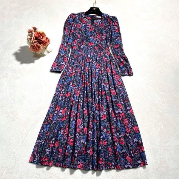 【美品】80s ヴィンテージ LAURA ASHLEY 花柄 ローラアシュレイ マキシ丈 ロングワンピース フレア ビンテージ フラワー フローラル 7 S M