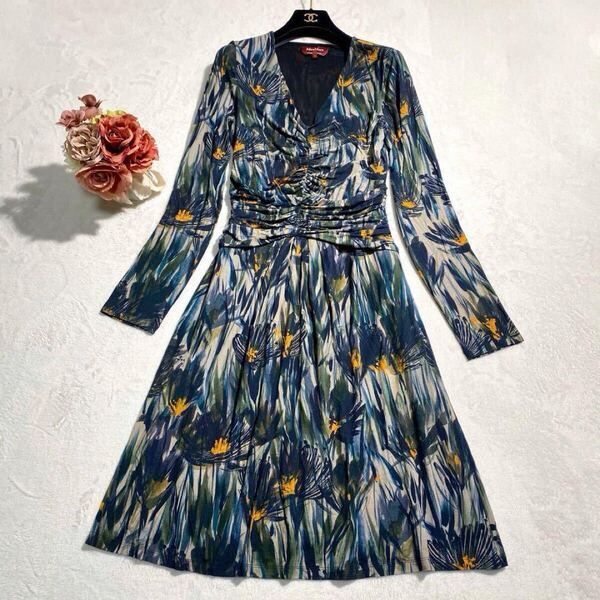 【美品】MaxMara studio 総柄 ロングワンピース ボタニカルフラワー 花柄 マックスマーラステュディオ フレア グリーン 緑 マルチカラー L