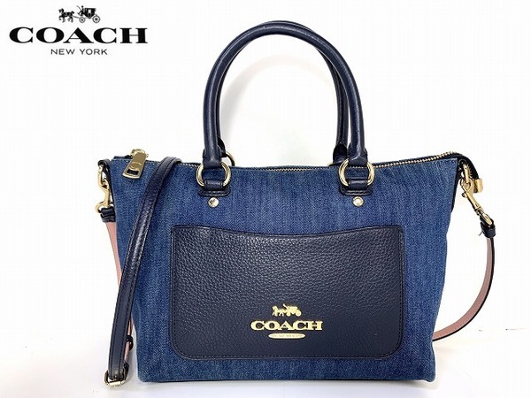 良品★送料無料★ コーチ COACH デニム ペブル レザー エマ サッチェル 2WAY ショルダーバッグ ハンドバッグ