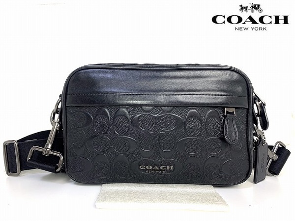 美品★送料無料★ コーチ メンズ COACH レザー エンボスド グラハム シグネチャー クロスボディー ショルダーバッグ ブラック