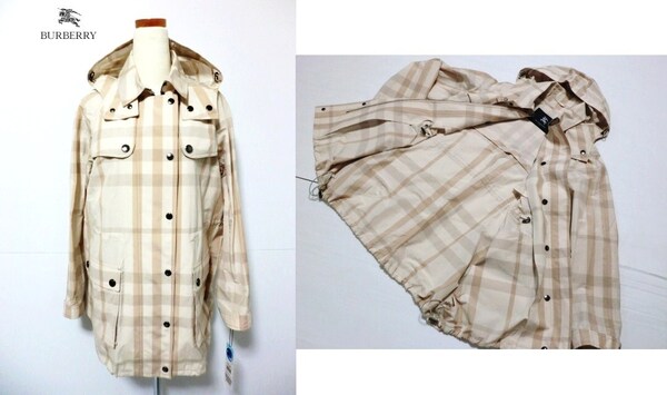 新品未使用 BURBERRY LONDON イタリア製生地トーナルチェック柄フード付き綿ジャケット エクリュBe 9号 収納袋あり バーバリー
