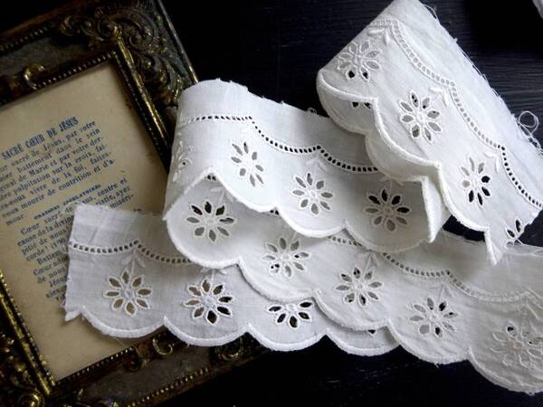 フランス レース 刺繍 トリム 綿レース ニードル バテン タティング スカラップ 装身具 アンティーク