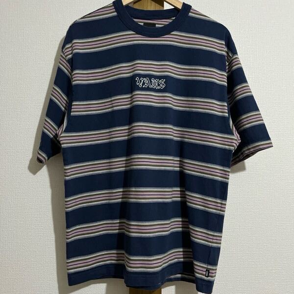 バンズ 半袖 tシャツ ボーダー ワンポイント刺繍 ロゴ L 肉厚 古着 vans マルチボーダーTシャツ ストリート スケボー