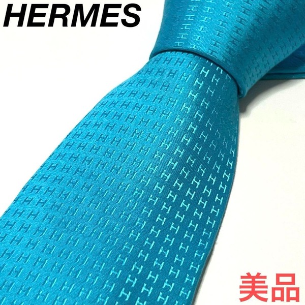 HERMES ファソネ H ジャガード ライトブルー 総柄 ネクタイ 0568