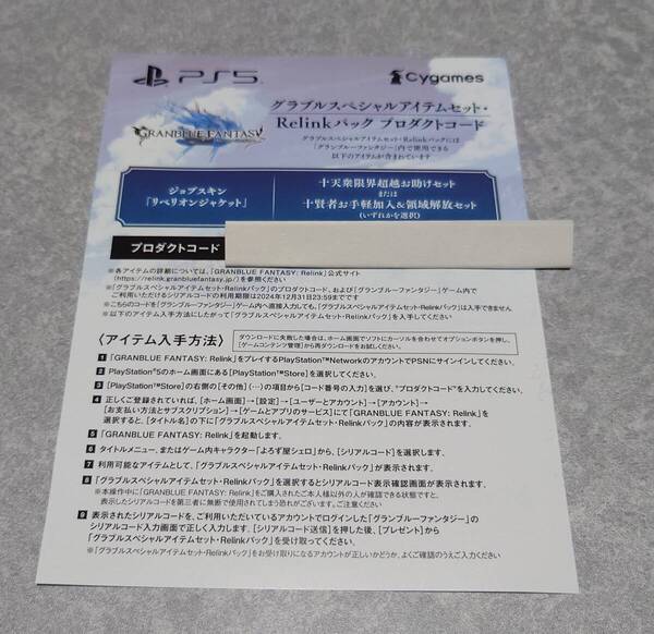 PS4 PS5 GRANBLUE FANTASY Relink グランブルーファンタジーリリンク 特典 グラブル スペシャルアイテムセット Relinkパック コード