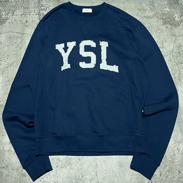 【大人気デザイン】SAINT LAURENT PARIS サンローランパリ2021 YSLプリントロゴ イタリア製 ネイビー スウェット トレーナー Sサイズ