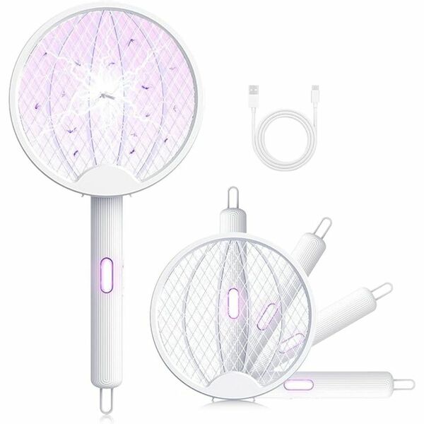 電撃殺虫ラケット 蚊取りラケット 折り畳み式 3000V高圧電撃 ホワイト