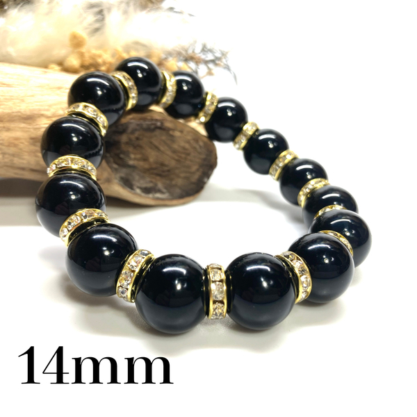 パワーストーン ブレスレット オニキス 14mm 天然石ブレス (ゴールド) 開運 浄化 数珠ブレス メンズ 男性 プレゼント 14ミリ