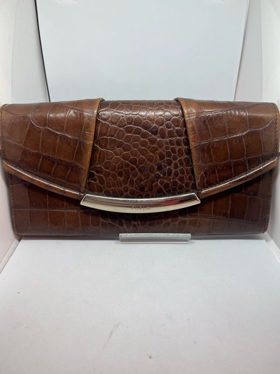 FURLA 二つ折り長財布　レザー　ブラウン　クロコ　ロングウォレット　レディー