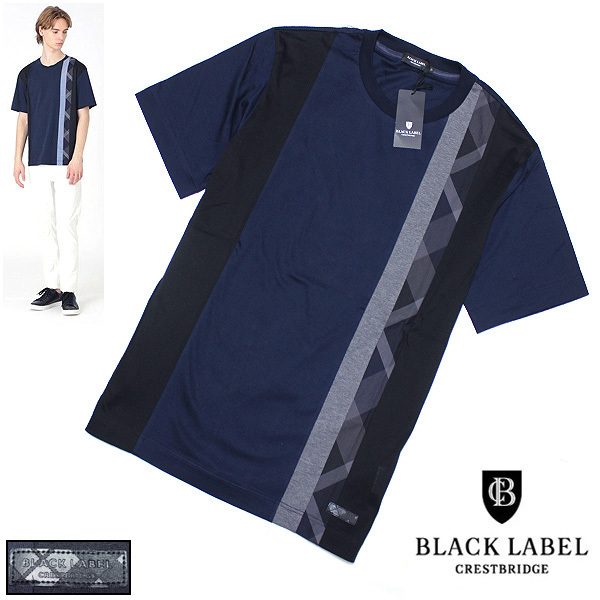送料無料!定価1.7万 新品 L(3)ブラックレーベル クレストブリッジ チェック×ストライプ パッチワーク半袖TシャツBLACK LABEL CRESTBRIDGE