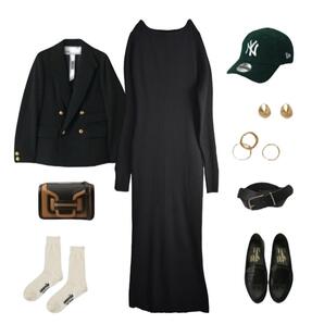 Loungedressリブニットロングワンピース 春ニットバックスリットブラック