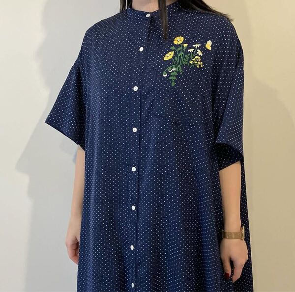 マーブルシュッド フラワー 刺繍 ドット 水玉 ワンピース ネイビー marble SUD