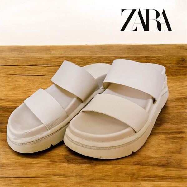 ZARA ラバーフィニッシュフラットサンダル ベージュ 厚底 37
