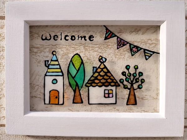 送料込!ステンドグラス風 おうちとガーランドのwelcome インテリア 雑貨 イラスト プレゼントにも ハンドメイド