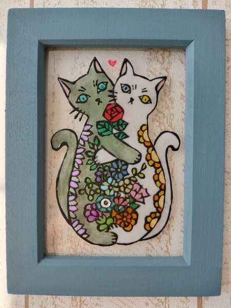 送料込!ステンドグラス風 愛し合う猫 花模様 グラスアート イラストプレゼント 猫雑貨 ハンドメイド インテリア雑貨