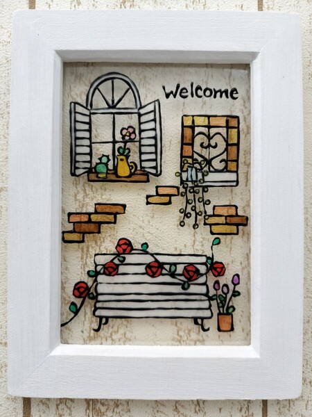 送料込!ステンドグラス風 バラベンチのwelcome 薔薇 グラスアート イラストプレゼント 花 ハンドメイド インテリア雑貨