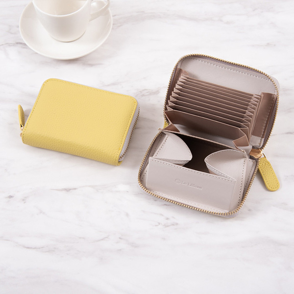 カードケース 本革 ミニ財布 レディース 牛革 レディース 財布 クレジットカード ミニウォレット コンパクト(クリームイエローxグレージュ)
