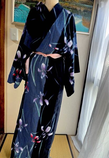 浴衣 綿 本染 菖蒲 紺青 古着 丈156 ゆかた