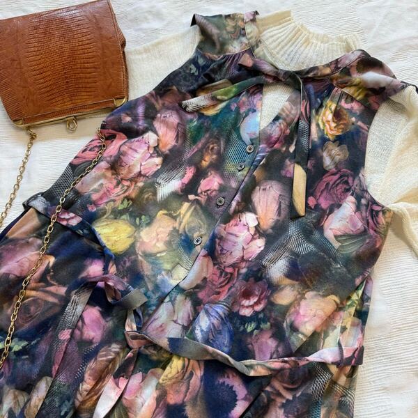 【美品】ポールスミス PAUL SMITH◆膝丈 ワンピース ノースリーブ 花柄 サイズM 紫 総柄 カットソー チュニック キャミソール y25052804