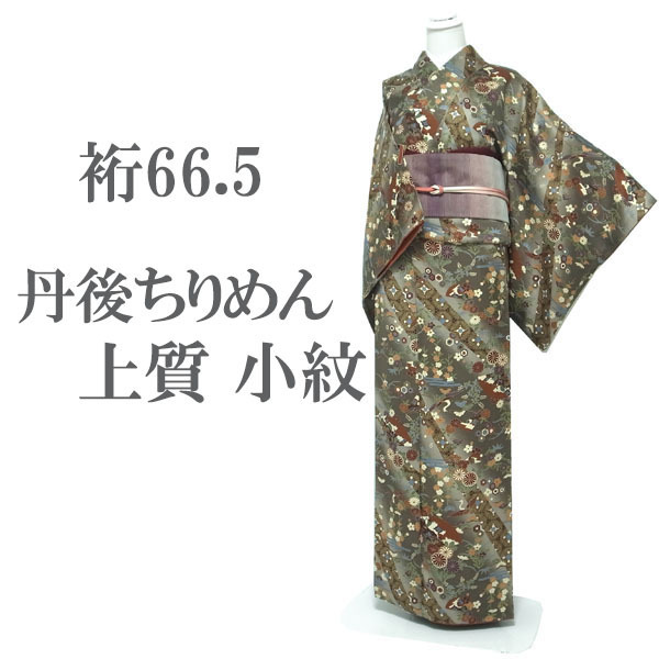 小紋 着物 袷 丹後ちりめん 先練緞子 鶴 草花 花 古典柄 グレー 灰色 地紋 カジュアル 正絹 絹 なごみ 裄66.5 L 中古 仕立て上がり sn1543