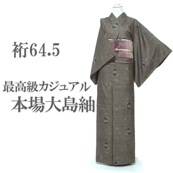 本場大島紬 大島紬 着物 袷 7マルキ 泥染 こげ茶 梅 花 最高級 カジュアル 春秋冬 正絹 絹 なごみ 裄64.5 M~L 中古 仕立て上がり sn1559