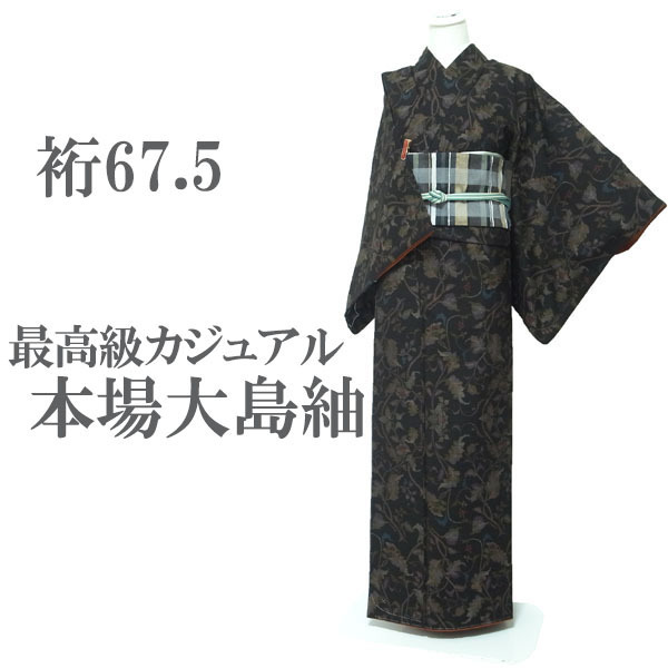 本場大島紬 大島紬 紬 着物 袷 7マルキ 泥染 こげ茶 花唐草 カジュアル 正絹 絹 最高級 上質 なごみ 裄67.5 L 中古 仕立て上がり sn1561